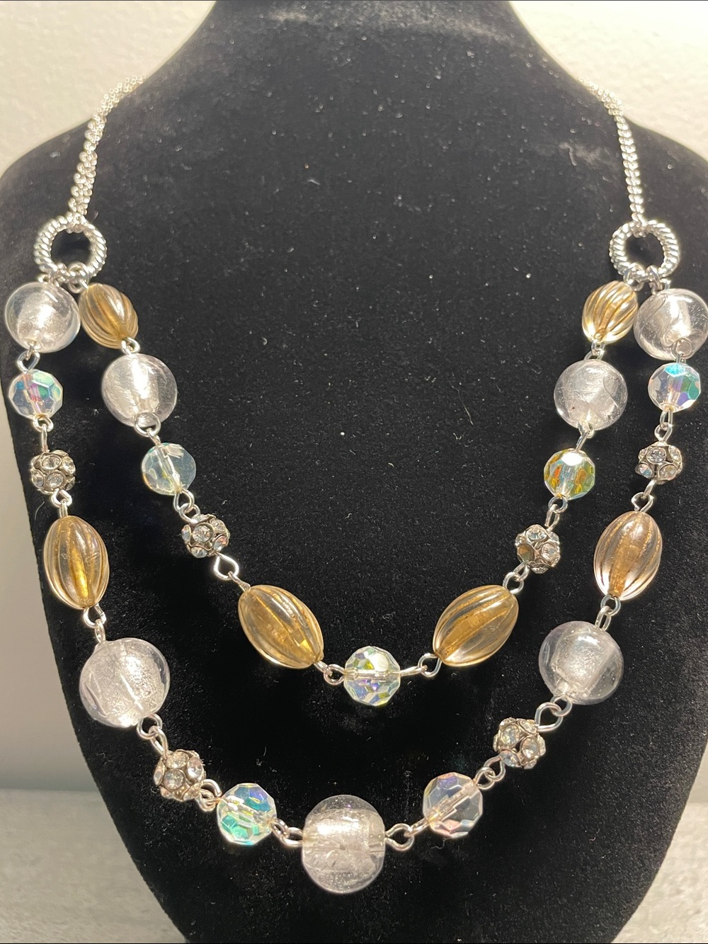 Elegant Two-Strand Glass Bead Necklace in Gold and Clear